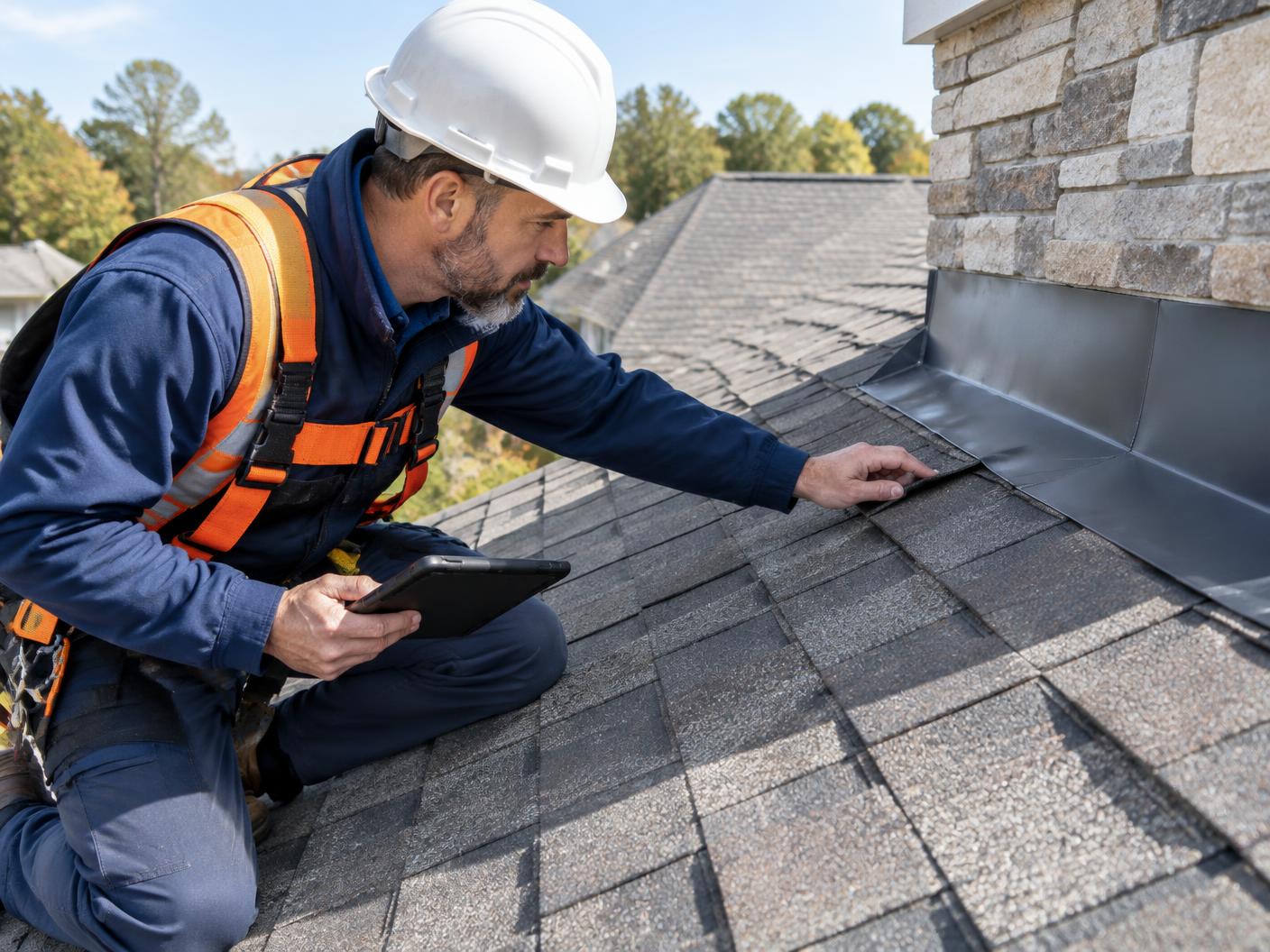 Experienced roofer inspecting chimney flashing and shingles