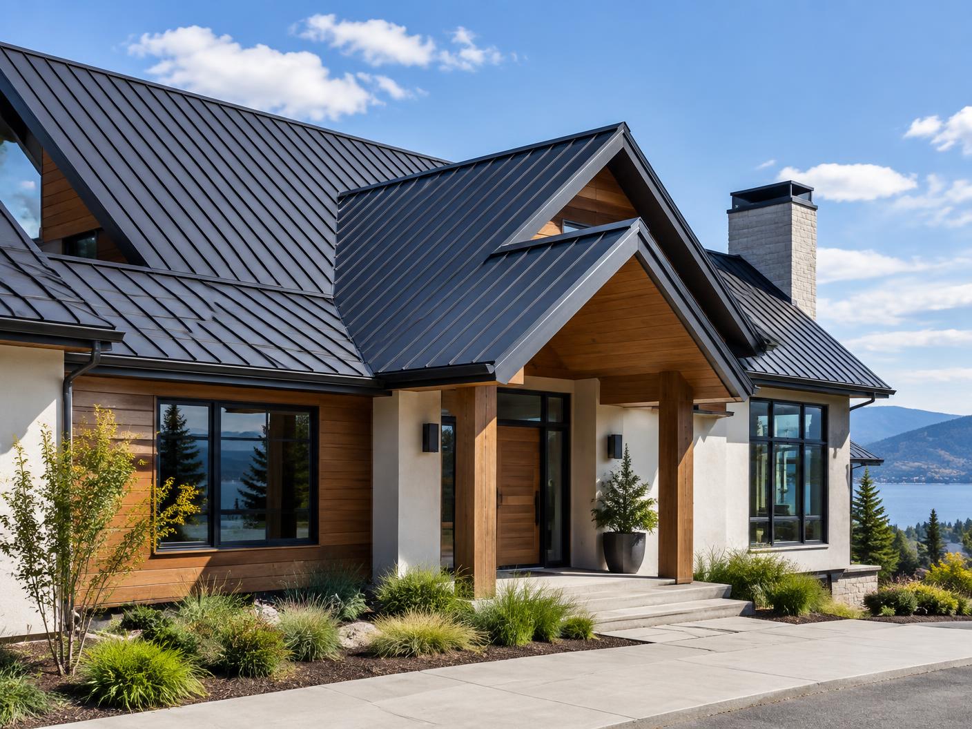 Completed graphite standing-seam metal roof on a modern home