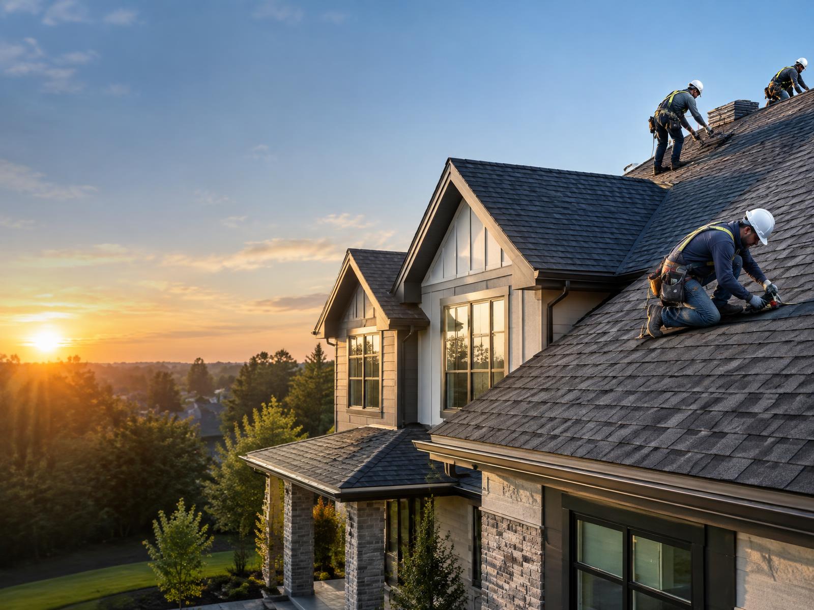 Roofing crew installing architectural shingles on a modern home